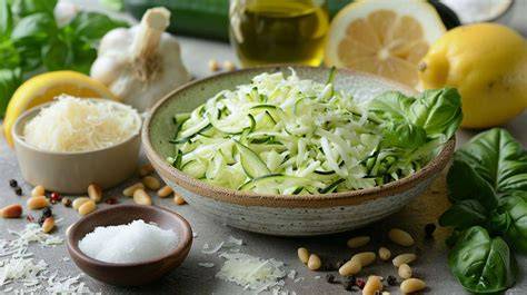Image de préparation: courgettes râpées dorées à l'huile d'olive et basilic
