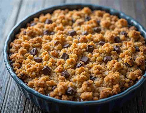 Crumble poire chocolat dans un plat à gratin