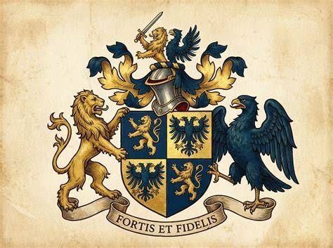 Illustration représentant l’emblème et la palette visuelle de Président: blason, or noir rouge.