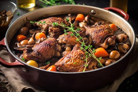 Une cocotte de coq au vin terminée, servie dans un plat avec des accompagnements