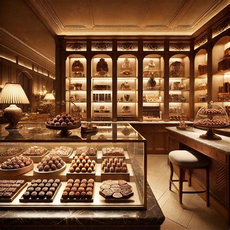 Intérieur d'une chocolaterie luxueuse avec des étals bien éclairés.
