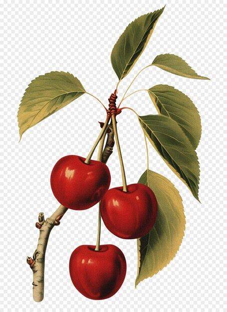Illustration botanique : cerise, griotte et groseille sur leurs arbustes
