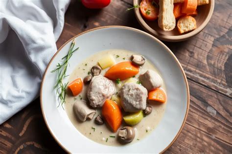 Bol de blanquette de veau avec sauce et légumes