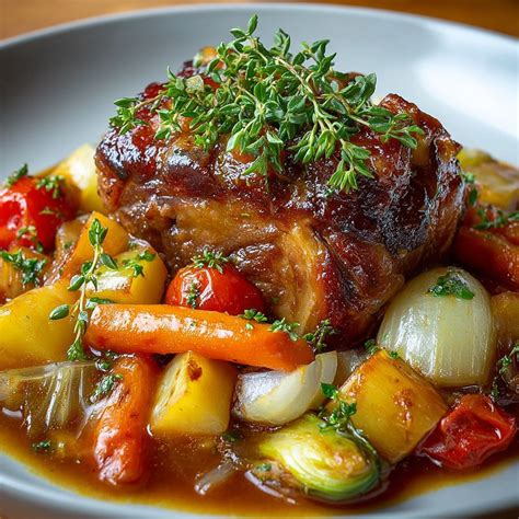 Jarret de veau braisé dans une sauce tomate avec des légumes