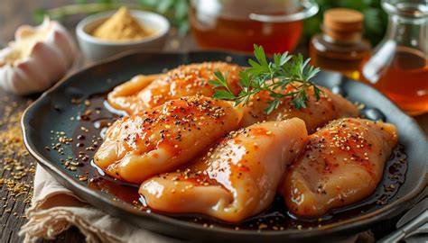Illustration des étapes de marinade et de découpe du poulet