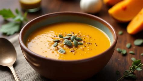 Bol de velouté de butternut garni de graines de courge grillées et d'une touche de crème