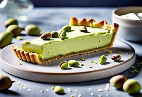 Infographie: Schéma des couches de la tarte (pâte sablée / crème pistache / compotée d'abricots / abricots pochés au romarin)
