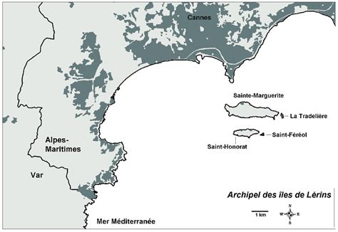 Carte et parcours des îles de Lérins, vue aérienne