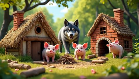 Un gâteau des Trois Petits Cochons terminé, avec les maisons, les cochons et le loup