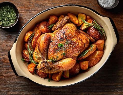Un poulet rôti doré et croustillant servi avec des pommes de terre rôties