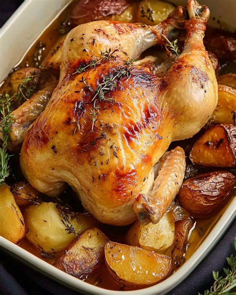 Plat de cuisson avec poulet, pommes de terre et gousses d'ail en chemise