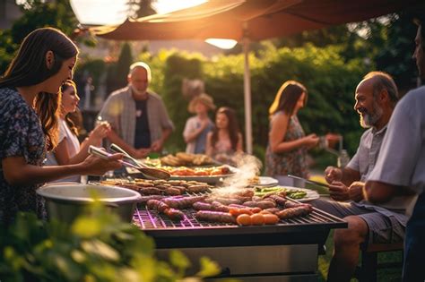 Famille profitant d'un barbecue dans un jardin verdoyant