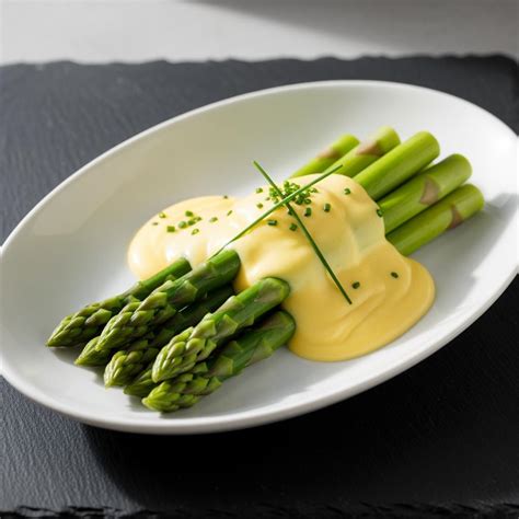 Assiette d'asperges vertes avec sauce blanche et dés de pamplemousse