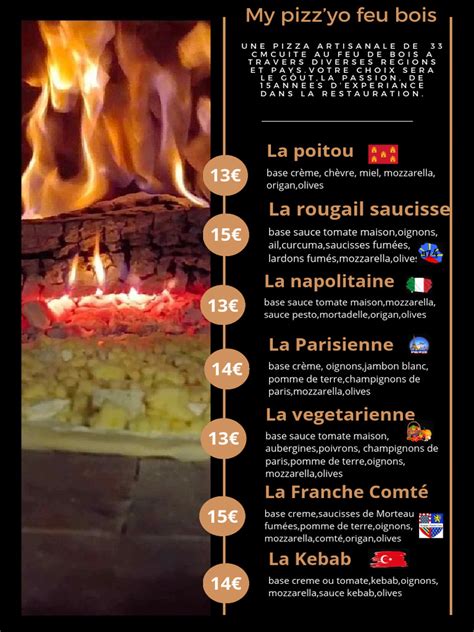 Carte des pizzas italiennes cuites au feu de bois avec une présentation visuelle des variétés