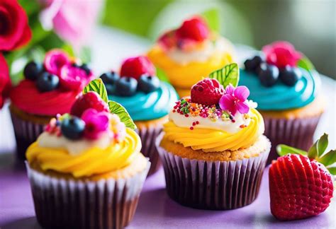 Cupcakes décorés avec des fleurs comestibles et des fruits