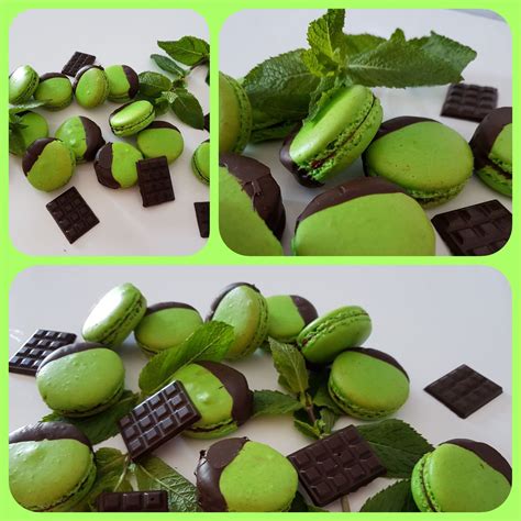 Garniture de macarons à la menthe avec une ganache verte.