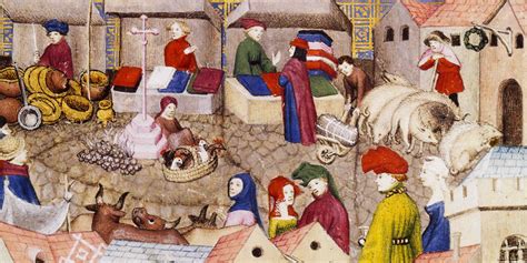 Illustration historique d'un marché ou d'une cuisine médiévale