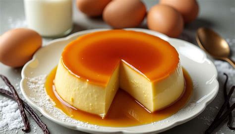 Illustration d’un flan caramel traditionnel posé sur une planche en bois avec un ramequin et caramel dans l’assiette