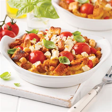 Ingrédients principaux pour un gratin de pois chiches, tomates et mozzarella