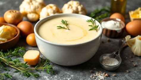 Un bol de velouté de potiron et chou-fleur garni de persil ciselé et de graines de courge