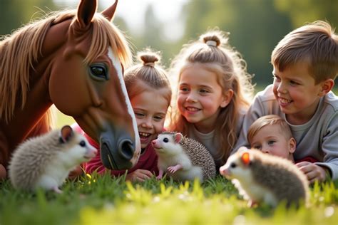Enfants interagissant avec des animaux dans un cadre urbain