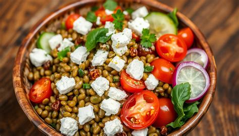 Bol de salade de lentilles colorée avec feta et herbes