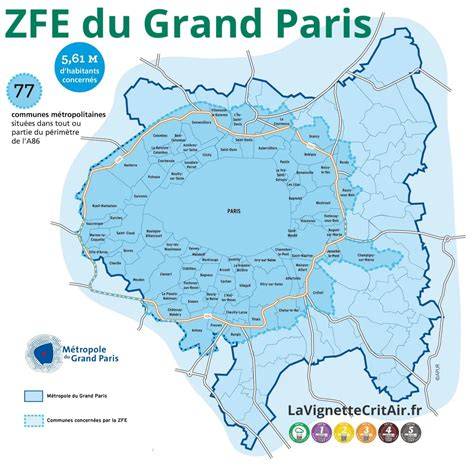 Carte des ZFE-m et vignette Crit'Air autour d'Arcueil et du Grand Paris