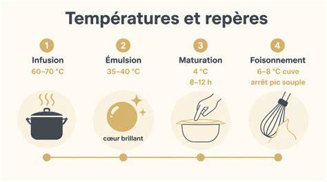 Infographie: schéma d'émulsion ganache crème-chocolat et étapes de montée