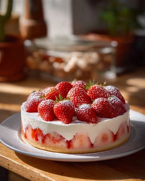 Un fraisier vegan garni de fraises fraîches et de crème