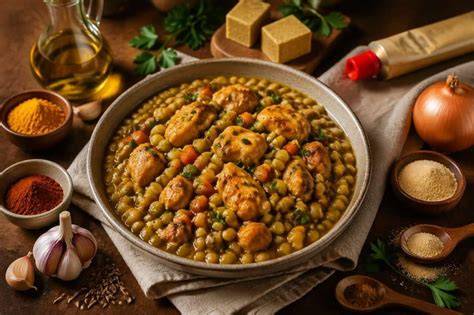 Infographie: étapes de cuisson d'un one pan poulet pois cassés