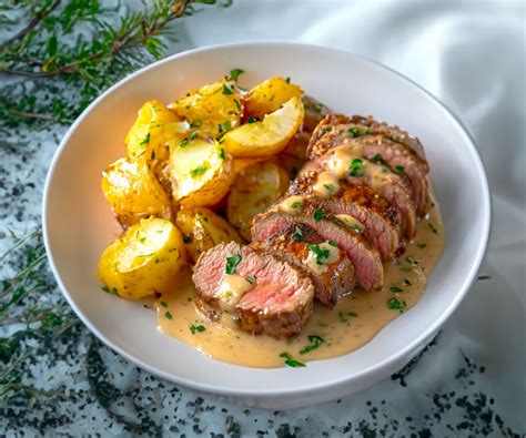 Plat de filet mignon de porc avec pommes de terre rôties et brocolis