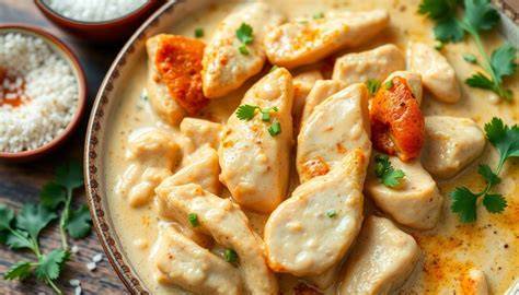 Plat final de pilons de poulet à la crème de coco avec patates douces et légumes