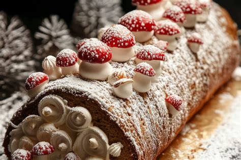 Champignons en meringue décorant une bûche de Noël