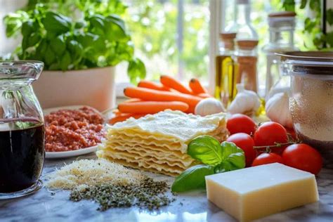 assortiment d'ingrédients frais pour les lasagnes