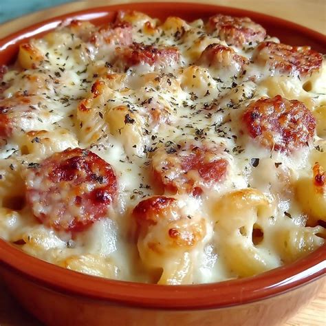 Casserole de pâtes avec knackis coupées en rondelles et sauce tomate