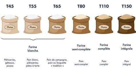 Infographie: comparaison types de farines (Tipo 00, T45, T65, T150, intégrale) et leurs teneurs en son et cendres