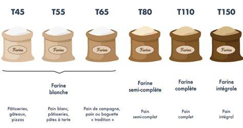 Tableau illustrant les caractéristiques typiques des farines T45, T55, T65 et intégrale