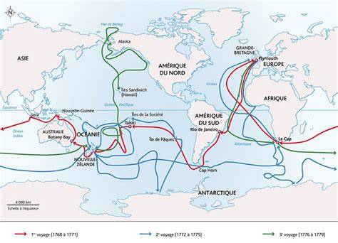 Carte des trajets de James Cook et îles visitées