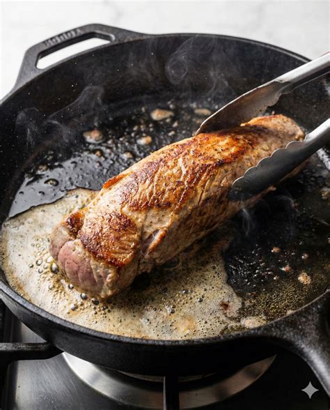 Poêle avec filet mignon en train de dorer