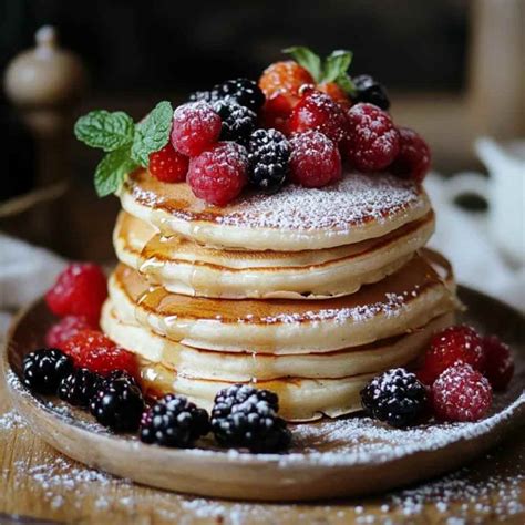 Pancakes végétariens empilés, décorés de fruits et de sirop