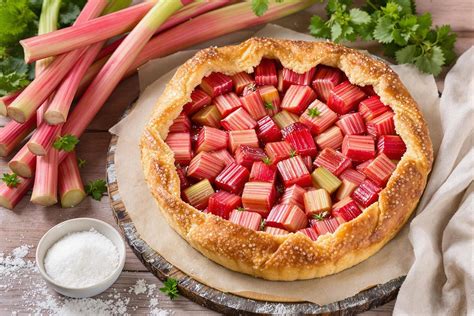 Ingrédients pour une tarte à la rhubarbe disposés sur un plan de travail