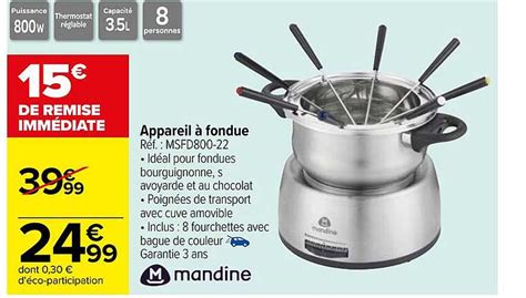 Infographie: Caractéristiques clés de l'appareil à fondue Mandine MFD208-17 (capacité, thermostat, nombre de fourchettes, poids et dimensions)