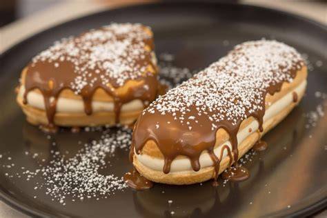 Photo d’un éclair et d’un glaçage caramel avec éclats croquants