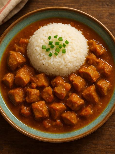 Plat de cari cochon réunionnais servi avec du riz blanc