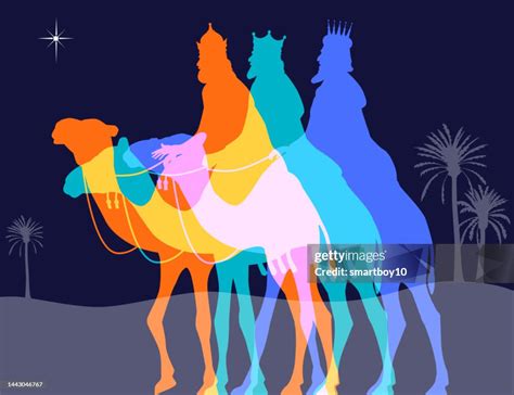 Représentation stylisée des Trois Rois Mages traversant le désert