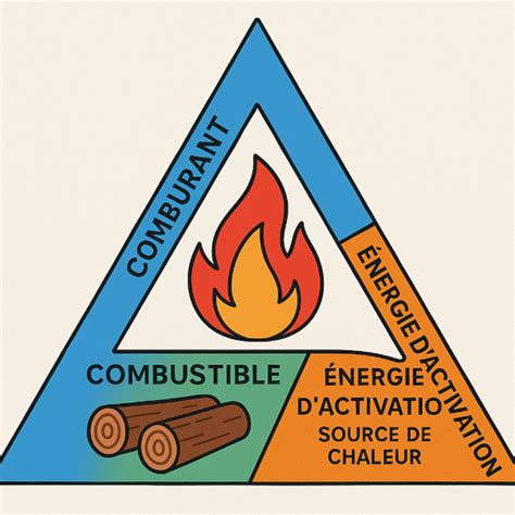 Triangle du feu avec les trois éléments : combustible, comburant, chaleur