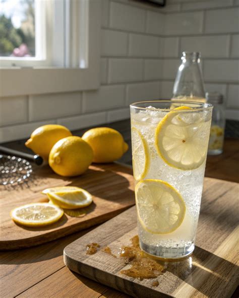 Verre de limonade au gingembre avec des glaçons et des rondelles de citron