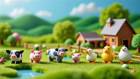 Illustration d'une ferme miniature avec des animaux en pâte à sucre