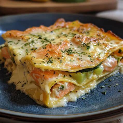 Infographie: Étapes du montage des lasagnes au tofu, courgette et saumon fumé