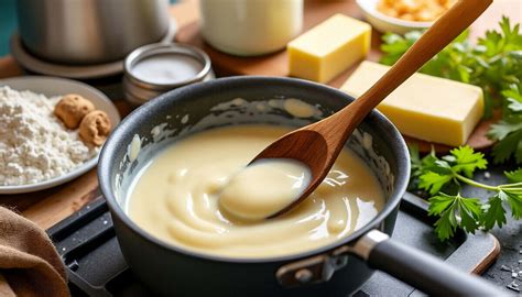 Image d'une casserole de béchamel végan prête à être utilisée